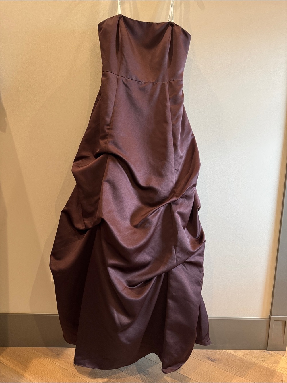 David's Bridal Strapless Satin Gown in Chocolate Brown